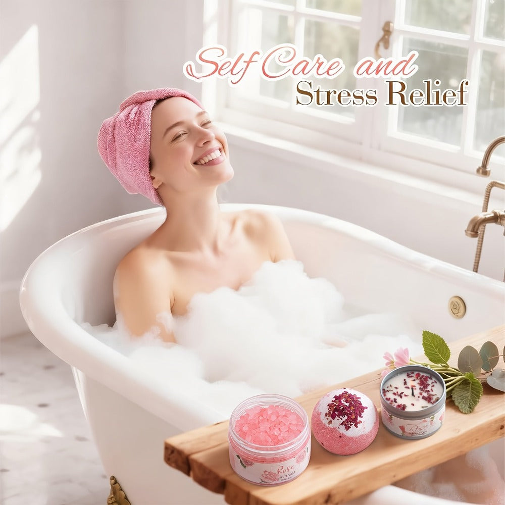 Bath & Body Gift Basket for Women – Rose Home Spa Self Care Set, Birthday Mothers Day Gift for Her, Mom, Sister & Friends (Pink)