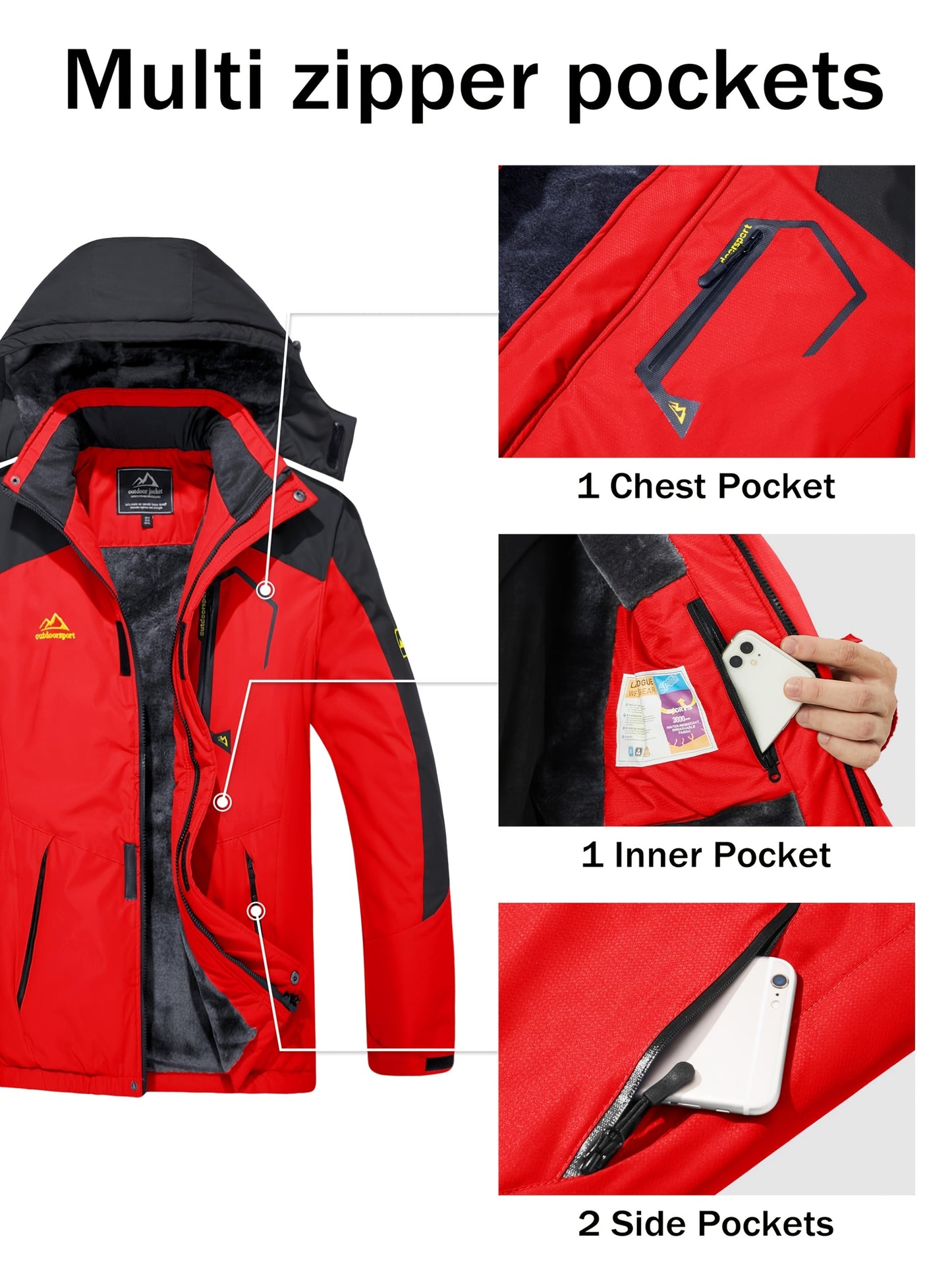 Men'S Ski Jacket Winter Warm Fleece Lined Coats Outdoor Snowboard Thermal Hiking Parka Chest Pockets Hooded Jogging Camping Fishing Climbing Casual Windbreaker