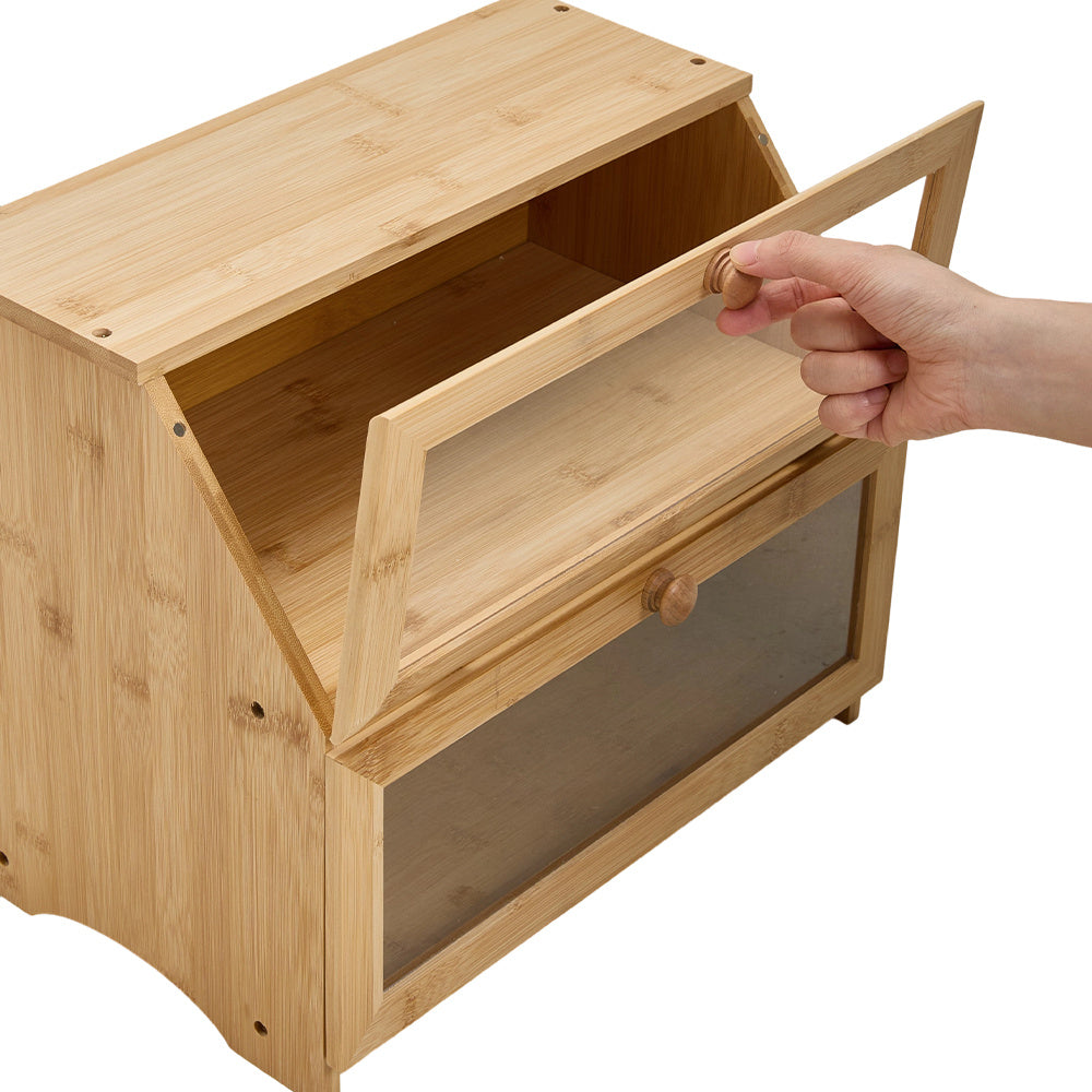Bamboo Bread Bin with Transparent Window, 2-Layer, Bread Box Large Capacity Bread Storage for Kitchen, Kitchen Countertop Bread Box for Bread, Sushi, Pastries, Biscuits, Breakfast, Natural/ Black, 15.55*9.84*12.60 Inch