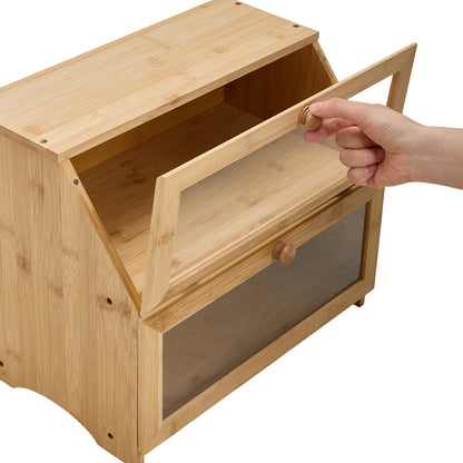 Bamboo Bread Bin with Transparent Window, 2-Layer, Bread Box Large Capacity Bread Storage for Kitchen, Kitchen Countertop Bread Box for Bread, Sushi, Pastries, Biscuits, Breakfast, Natural/ Black, 15.55*9.84*12.60 Inch
