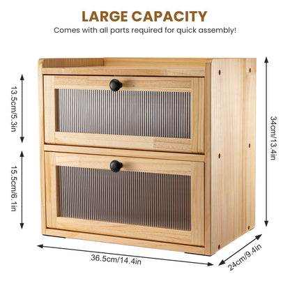 Double Layer Bread Box for Kitchen Counter, 2 Decker Large Wooden Bread Bin, Corner Bread Storage Container with Acrylic Windows, Dry Food Container with Air Vents to Keep Fresh, Self Assembly