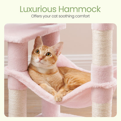 112cm Cat Tree Multi-Level Plush Tower Condo with 4 Scratching Posts, Hammock, Cave & Platforms – Stair-Step Design with Hanging Toys | Easy Assembly Indoor Cat Furniture | Pink White Beige Grey | UK