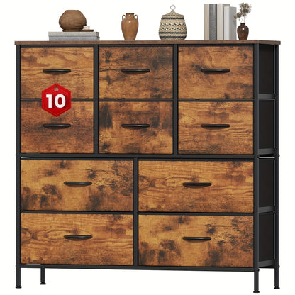 10-Drawer Dresser with Metal Frame & Fabric Drawers – MDF Top, Adjustable Legs & Anti-Tip Safety for Bedroom, Closet, Living Room & Office
