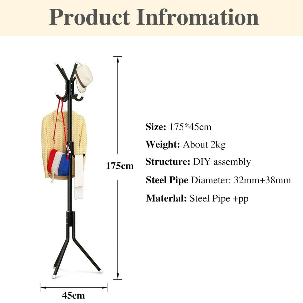 12-Hook Metal Coat Rack Floor Standing – 3-Tier Hat & Jacket Stand for Hallway Bedroom UK