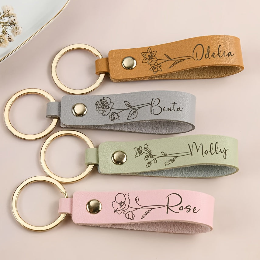 [Custom Leather Keychain] Personalized Leather Keychain - Custom Birth Flower Key Ring, Name Keychain, Bag Tag - Ideal for Women, Anniversary, Bridesmaid Gifts - Single