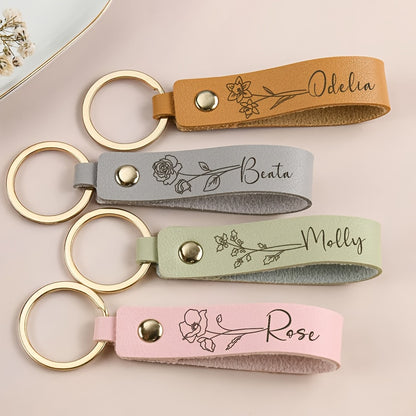 [Custom Leather Keychain] Personalized Leather Keychain - Custom Birth Flower Key Ring, Name Keychain, Bag Tag - Ideal for Women, Anniversary, Bridesmaid Gifts - Single