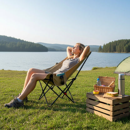 Portable High-Back Moon Chair (Three-Position Adjustment) Seat or Recline, Side Storage Pocket,Foldable Outdoor Chair Camping Picnic Lounger, Midday Rest Fishing Chair, Garden Seat Three Colours Available (Complimentary Storage Bag)
