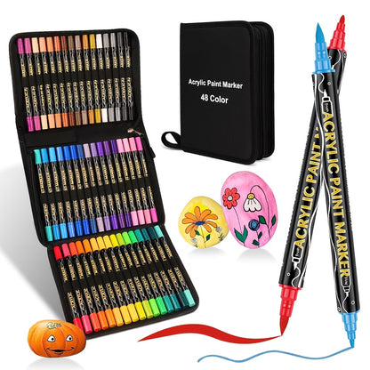 Acrylic Paint Pens Set with Tote Bag – 48 or 72 Dual-Tip Markers for Rock Wood Canvas Glass Ceramic Fabric Stone – Professional Art Supplies for Adults & Kids