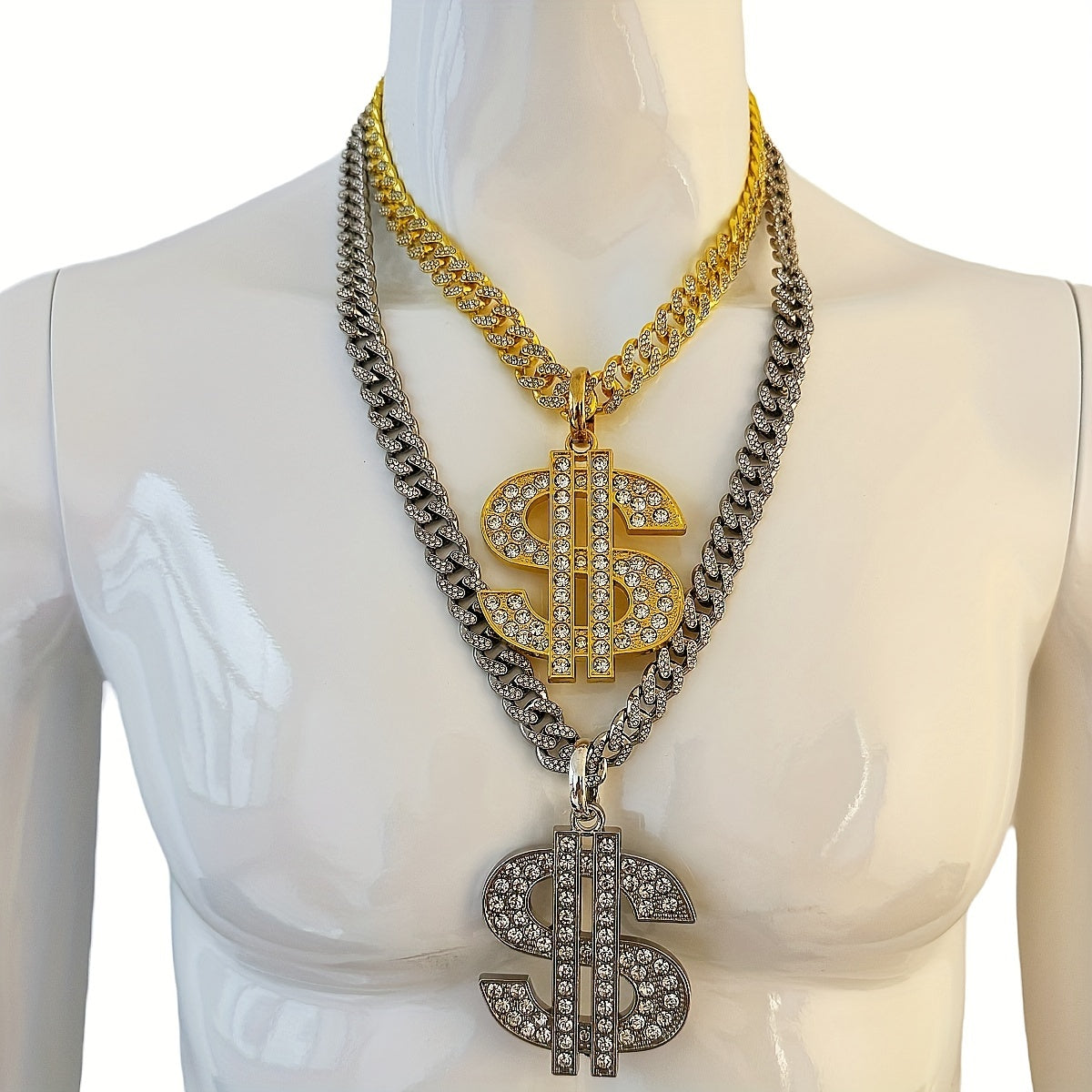 Large and Heavy US Dollar Symbol Pendant,  18K Gold Plated Alloy 18K Gold Plated-plated Cuban Chain Necklace with 12mm Full, Men's Hip-hop Style Ring Combination