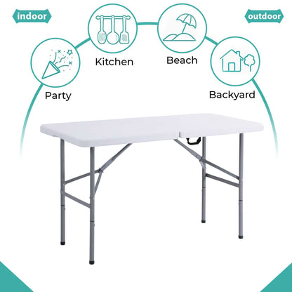 Portable Dining 4 Feet Garden Table, Foldable 4ft Trestle Catering Heavy Duty Folding Tables, Indoor & Outdoor Multi-Purpose Picnic BBQ Party Table, White