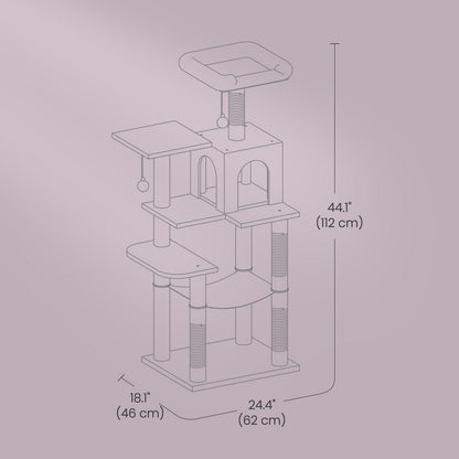 112 cm Cat Tree, Multi-Level Soft Plush Cat Tree, Cat Tower Condo with 4 Cat Scratching Posts, Hammock, Cave, Platform, Toys, Pink/White/Beige/Grey, Easy Assembly and Sturdy, Indoor Cat Furniture