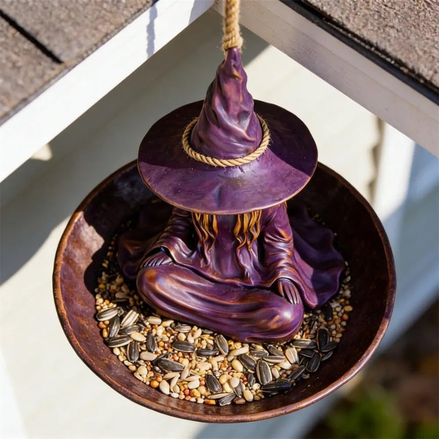 1pc Meditating Witch Garden Bird Feeder, Purple Resin Witch Hat Design with Rope Hanger, Outdoor Garden Decor