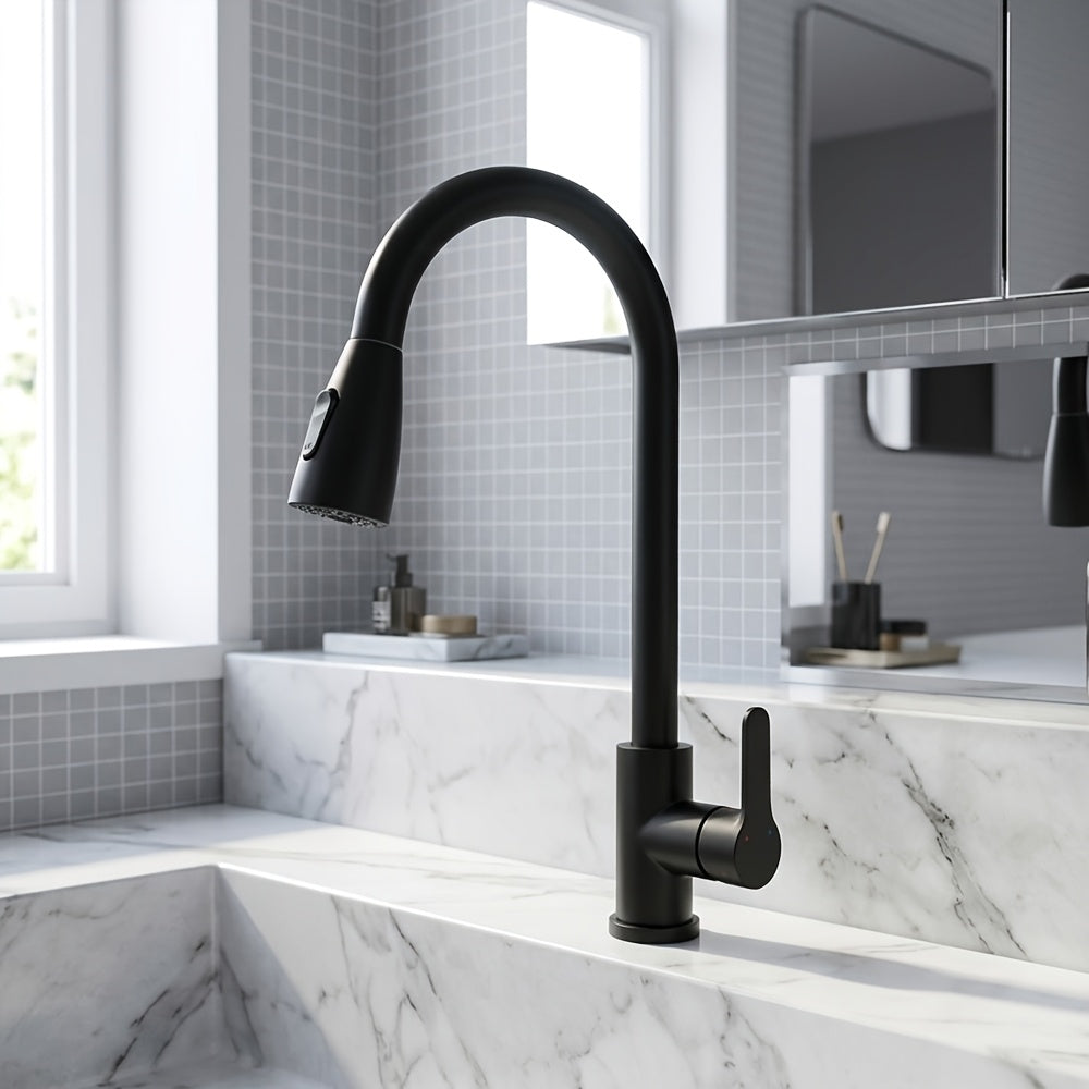 1pc Kitchen Faucet with Pull Down Sprayer, Single Handle Water Kitchen Bathroom Faucet, Stainless Steel Faucet, Two Use Modes Faucets Spray Stream:, Arc 360- Degree Rotary Nozzle Faucets, for Farmhouse, Commercial, Kitchen Bathroom Sink