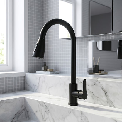 1pc Kitchen Faucet with Pull Down Sprayer, Single Handle Water Kitchen Bathroom Faucet, Stainless Steel Faucet, Two Use Modes Faucets Spray Stream:, Arc 360- Degree Rotary Nozzle Faucets, for Farmhouse, Commercial, Kitchen Bathroom Sink