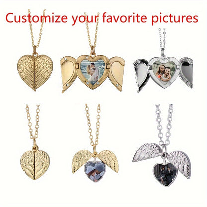Personalized Angel Wings Necklace Heart Box Pendant Custom Picture Open Box Angel Wing Pendant