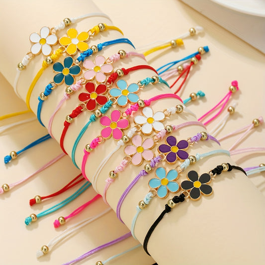 Colorful 12pcs Set of Sweet and Adorable Floral Elements Adjustable Handmade Braided Bracelets, Perfect for Daily Wear or as a Gift for Friends