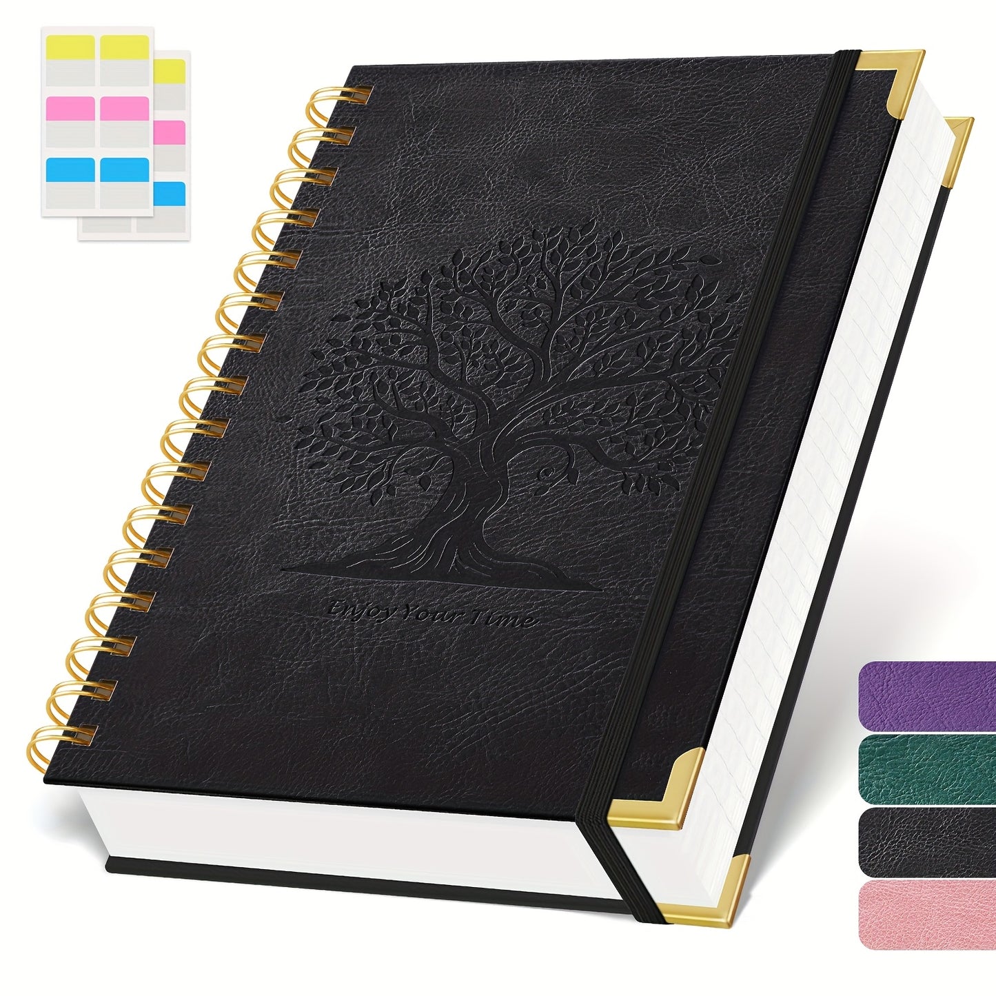 Notebook Notepad A5, 300 Pages Wirebound Spiral Notebook, 100GSM Thick Paper, No Bleed, Leather Cover Journal with Tree Design & Golden Spiral Binding, Perfect for School Writing, 16.5 X 21cm