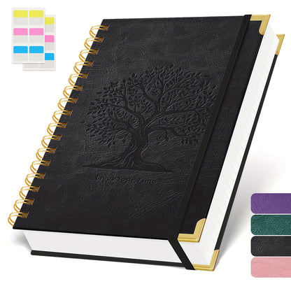 Notebook Notepad A5, 300 Pages Wirebound Spiral Notebook, 100GSM Thick Paper, No Bleed, Leather Cover Journal with Tree Design & Golden Spiral Binding, Perfect for School Writing, 16.5 X 21cm