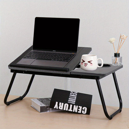 [Cozy Comfort] 73*40cm Versatile Folding Laptop Desk with Cup Holder - 5-Level Adjustable Tilt, Portable & Sturdy Wooden Frame, Ideal for Reading, Studying & Serving Breakfast in Bed - Available in Black, Walnut, Natural, Pink