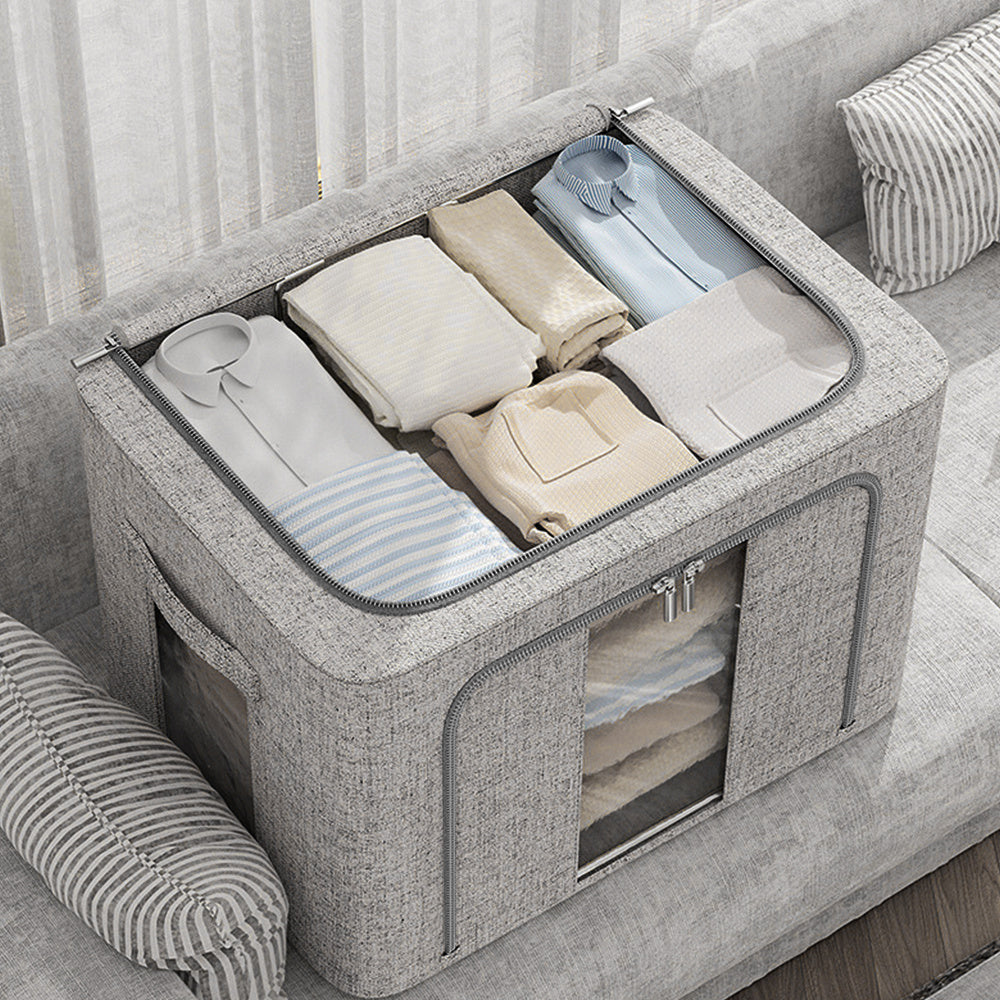 66L Foldable Storage Box with Clear Windows - Extra Thick Cotton Linen Fabric Organizer Bins | Space-Saving Stackable Design for Clothes, Blankets & Bedding Storage (Zipper Closure, Wardrobe Essential)