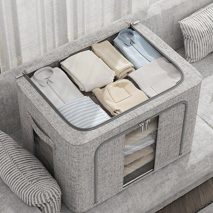66L Foldable Storage Box with Clear Windows - Extra Thick Cotton Linen Fabric Organizer Bins | Space-Saving Stackable Design for Clothes, Blankets & Bedding Storage (Zipper Closure, Wardrobe Essential)
