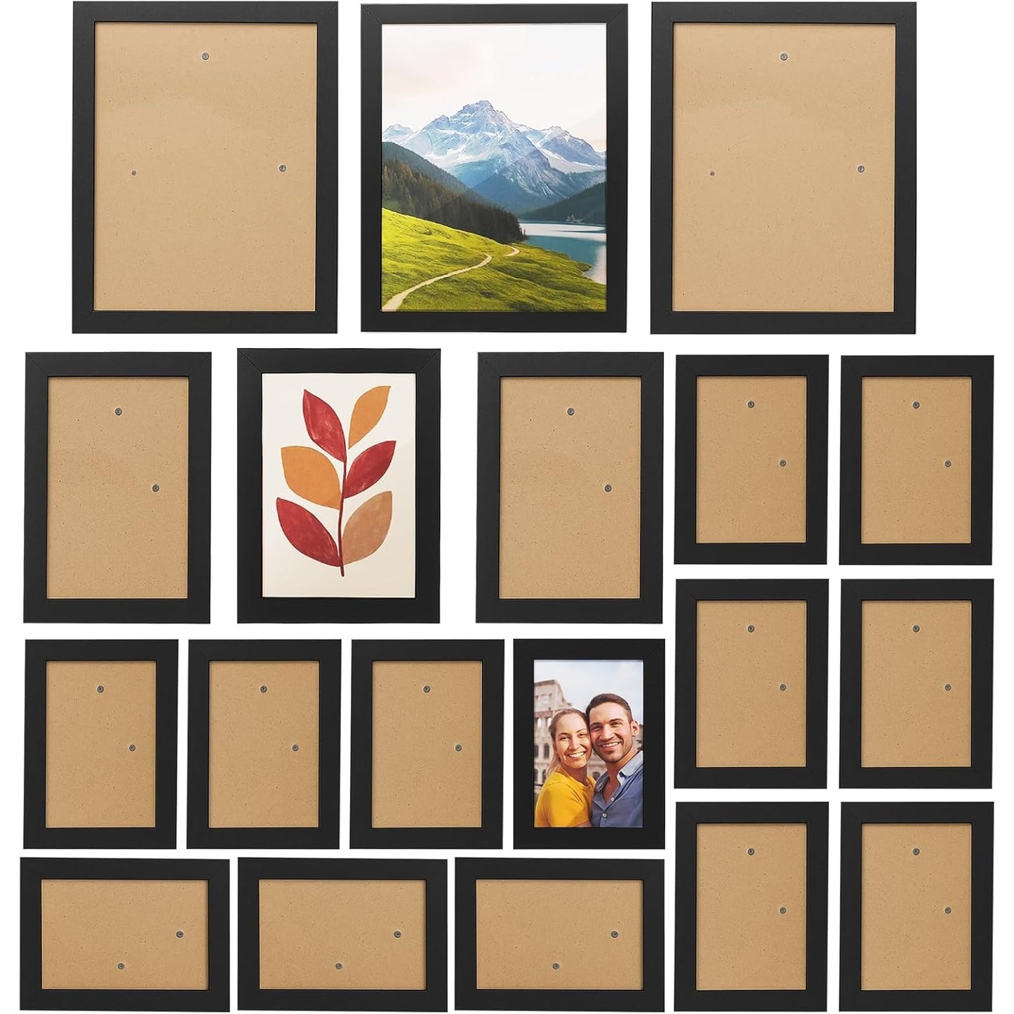 19 Pcs Wooden Photo Frame Set, Multi Size Picture Frames with Stand & Wall Hooks, Tabletop or Wall Mounted Display