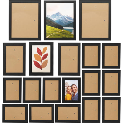 19 Pcs Wooden Photo Frame Set, Multi Size Picture Frames with Stand & Wall Hooks, Tabletop or Wall Mounted Display