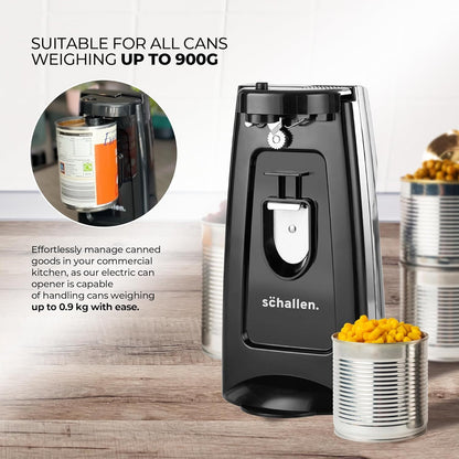 Schallen Electric Can Opener Automatic 3-in-1 Kitchen Appliance with Hands-Free Can Opening, Built-In Bottle Opener & Knife Sharpener | Electric Tin Opener for Easy Opening Cans, Jars, and Bottles | Hidden Power Cord Storage | Stainless Steel Durable Kitc