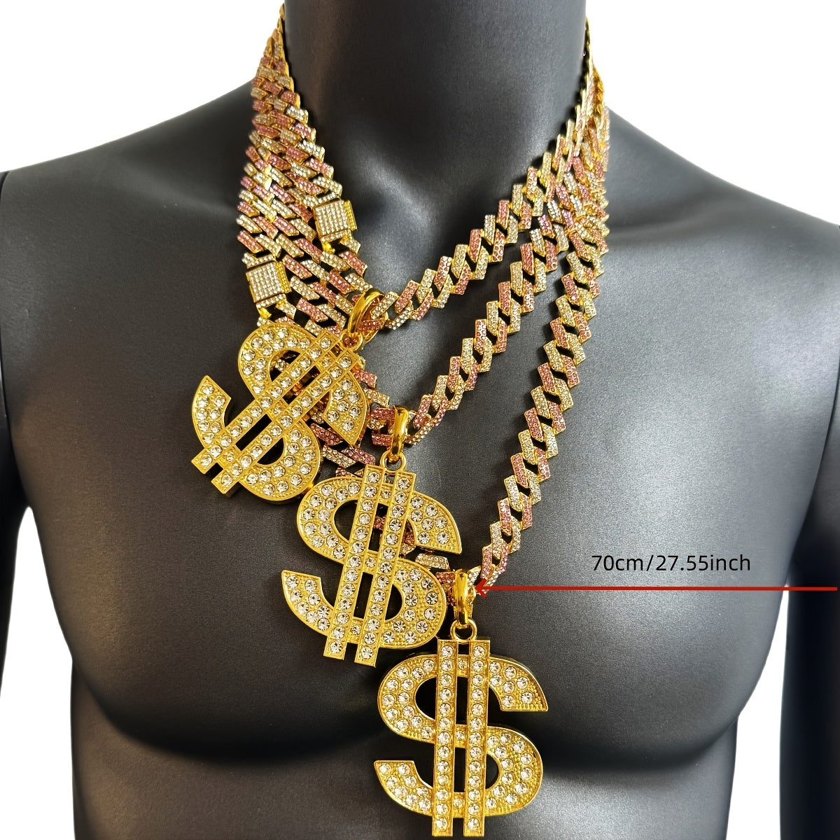 Large and Heavy US Dollar Symbol Pendant,  18K Gold Plated Alloy 18K Gold Plated-plated Cuban Chain Necklace with 12mm Full, Men's Hip-hop Style Ring Combination