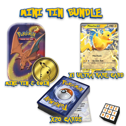 Pokémon Card Bundle – 20 Random Cards + Mini Tin & Coin | Guaranteed 5 Holos & 1 Ultra Rare | Mystery Gift Pack | by The Toy Box™