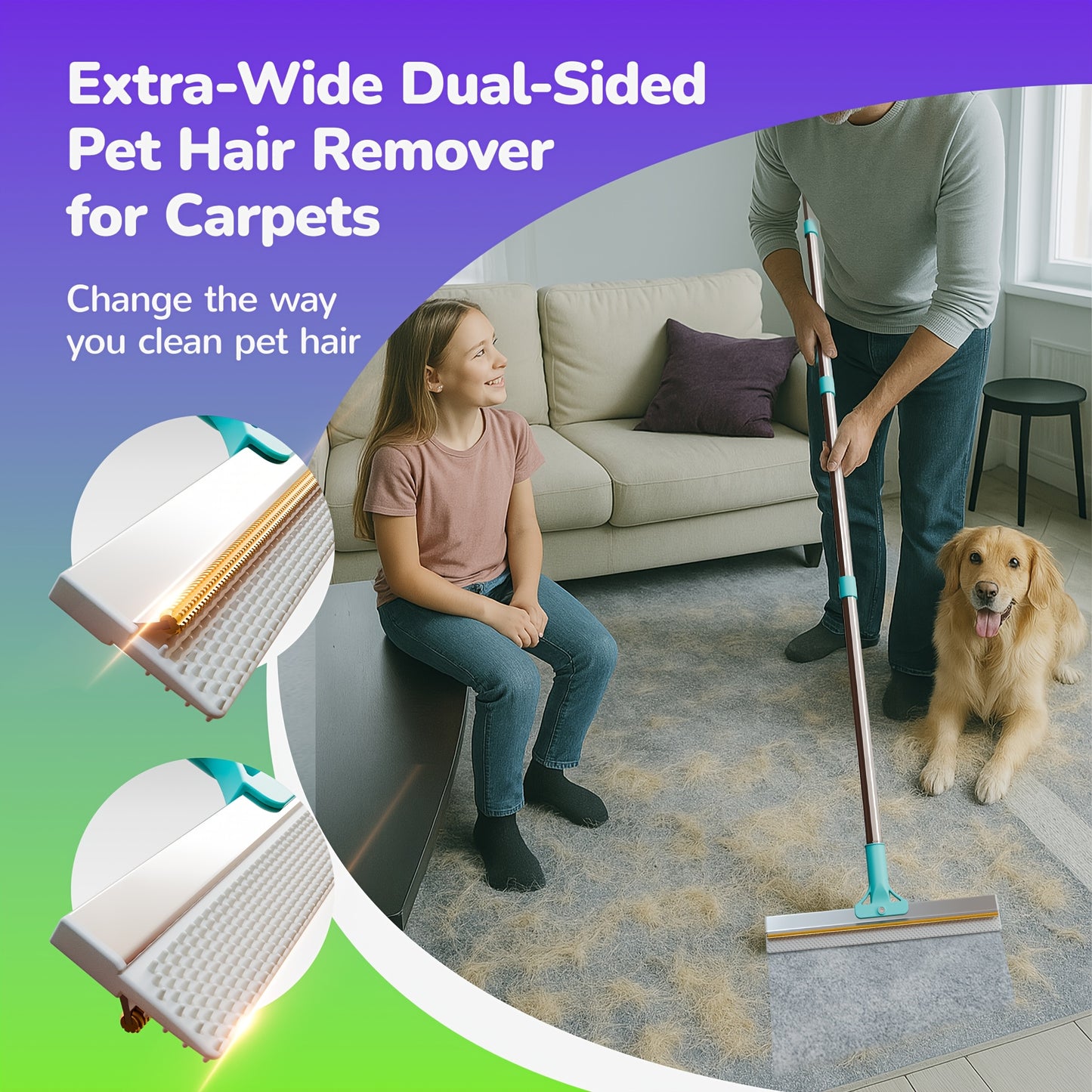 Pet Hair Remover & Carpet Rake - 129.54 cm Long Handle, Extra Wide Head for Deep Clean On Carpets, Rugs And Carpeted Stairs, Reusable Dog And Cat Hair Tool, Spring Cleaning Essential