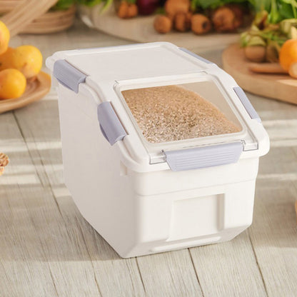 Rice Dispenser 10kg with Scoop, PP Rice Storage Container with Lid & Wheels for Dog & Cat Food, Flour, Cereal, Nuts, Beans, Kitchen Storage Box, Grey/ Green, 35*20*26CM