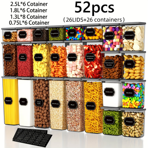 52pcs Food Storage Containers Set with Lids, Plastic Dry Food Canisters for RV Kitchen Pantry Organization, Dishwasher Safe, with Labels