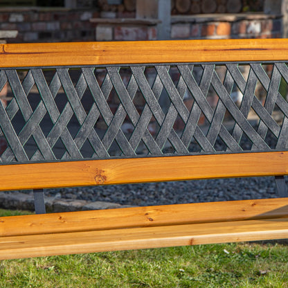 2 Seater Garden Bench Wooden Seat Cast Iron Legs Lattice Rose Backrest Outdoor Patio Bench 123cm Fir Wood Max 150kg Flat Pack