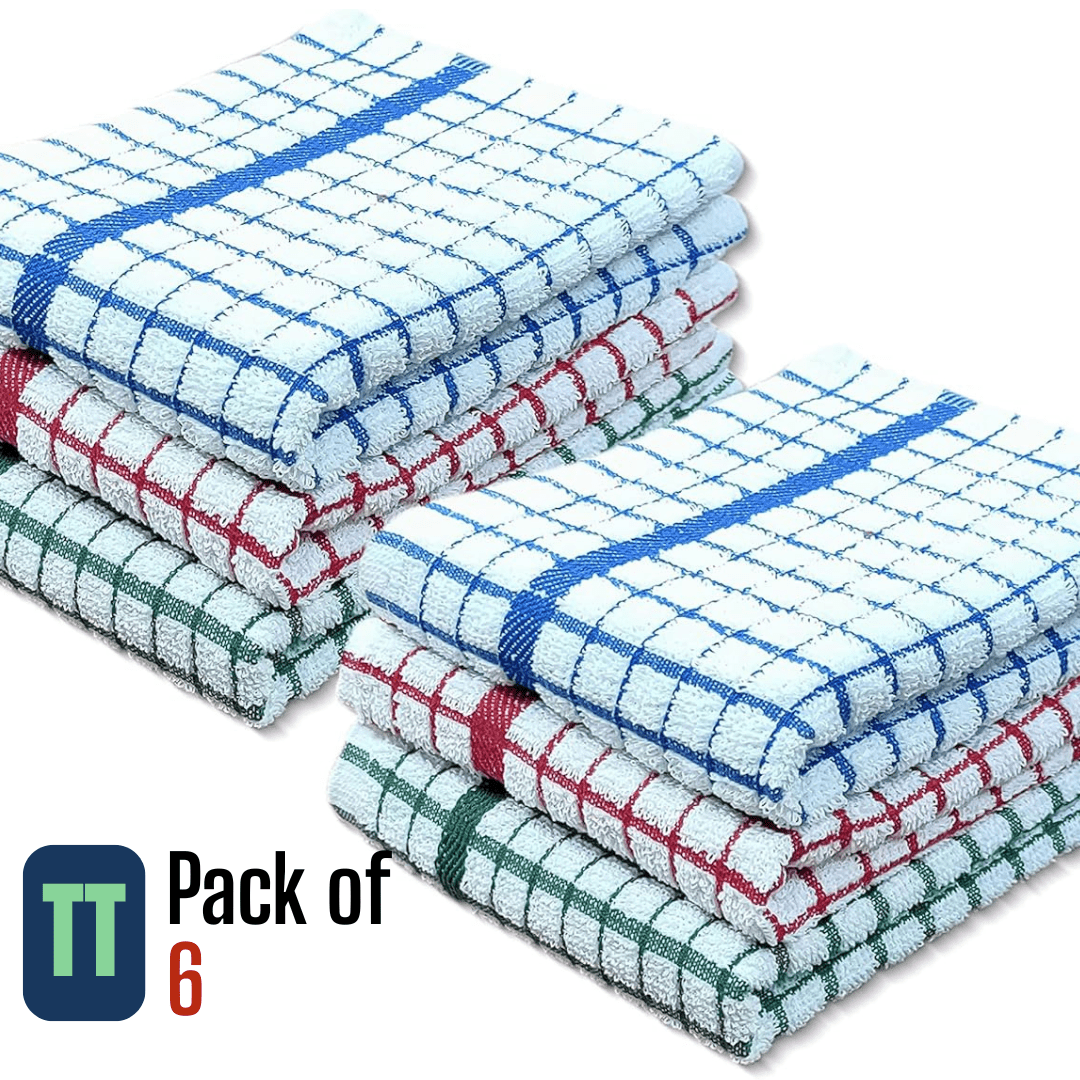 Pack of 6 Large Tea Towels 40x60cm – 100% Cotton Luxury Check Soft Kitchen Towels – Highly Absorbent Dish Cloths – Durable Washable Tea Towels for Drying Dishes, Cleaning, Cooking, Household, Restaurant, Bar, Café, Catering, Commercial & Professional Kitc
