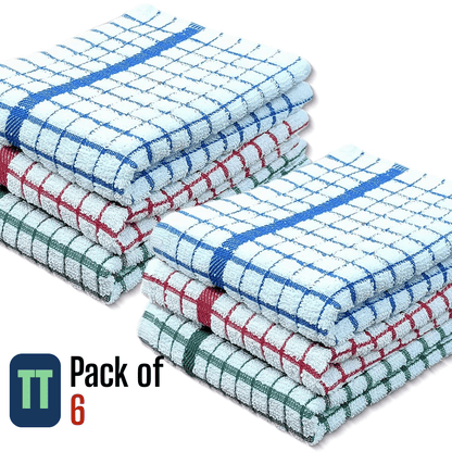Pack of 6 Large Tea Towels 40x60cm – 100% Cotton Luxury Check Soft Kitchen Towels – Highly Absorbent Dish Cloths – Durable Washable Tea Towels for Drying Dishes, Cleaning, Cooking, Household, Restaurant, Bar, Café, Catering, Commercial & Professional Kitc