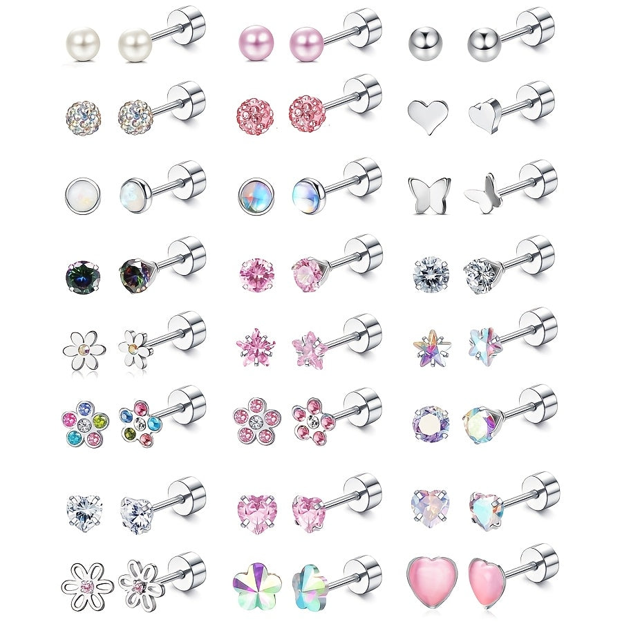 SHZYLN24 Pairs of Girl and Lady Earrings - 316L Stainless Steel Stud Earrings, Cute CZ 4mm Mini Flat Back Screw Earrings Set., for Teenager