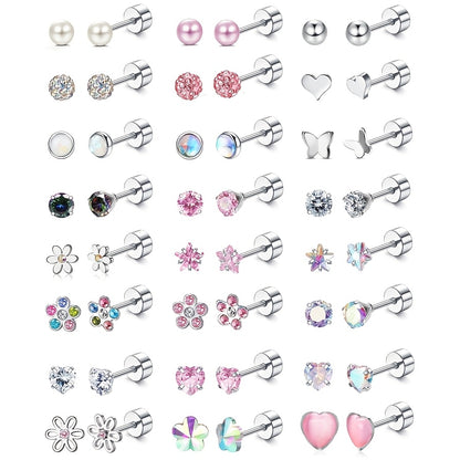SHZYLN24 Pairs of Girl and Lady Earrings - 316L Stainless Steel Stud Earrings, Cute CZ 4mm Mini Flat Back Screw Earrings Set., for Teenager