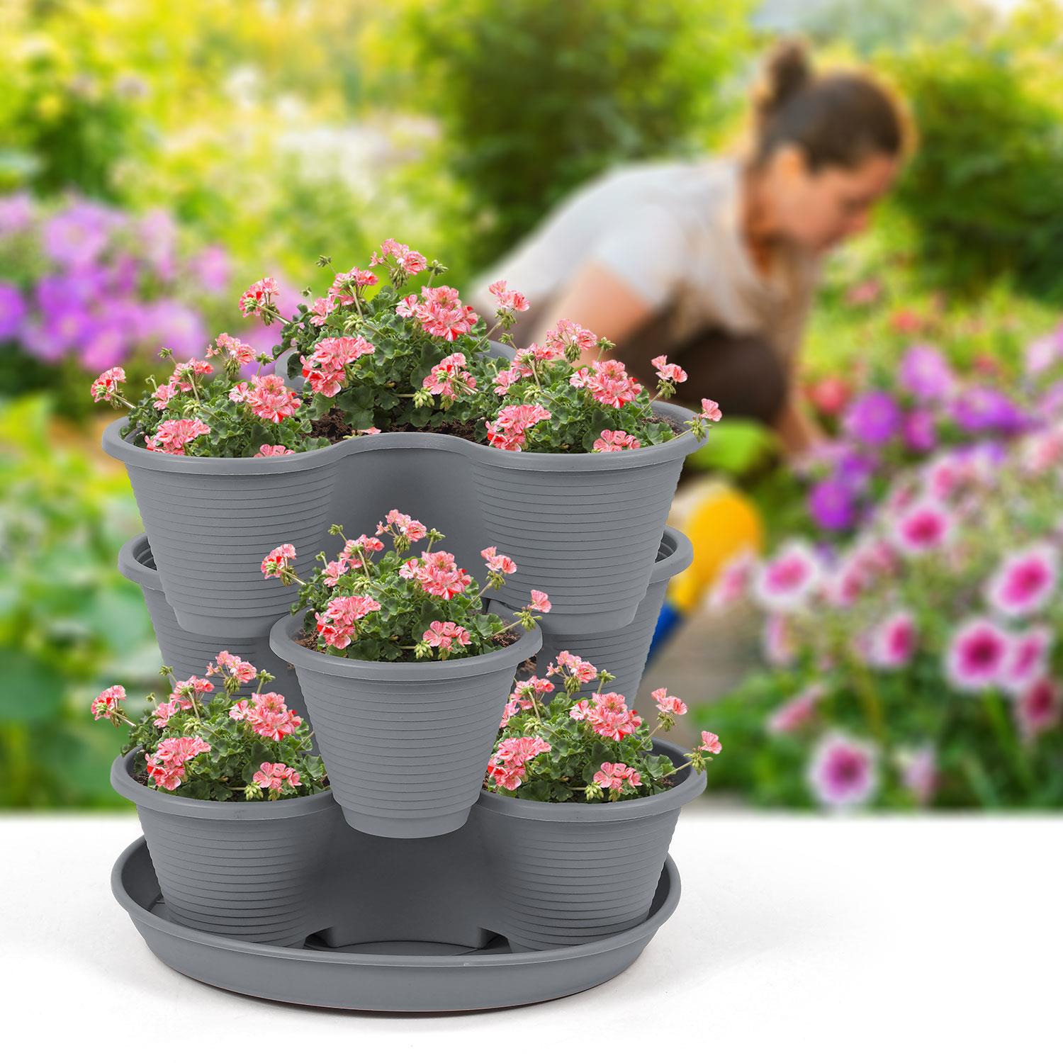 Stackable Herb Planter 3 Tier Vertical Growing Tower – Space-Saving Indoor Outdoor Plant Pot for Strawberries, Herbs, Vegetables & Flowers, Charcoal & Terracotta UK