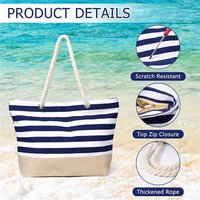 Beach Bag with Waterproof, Stainless Steel, Extra Large Zip Rope Handles Oversized - Navy Blue option