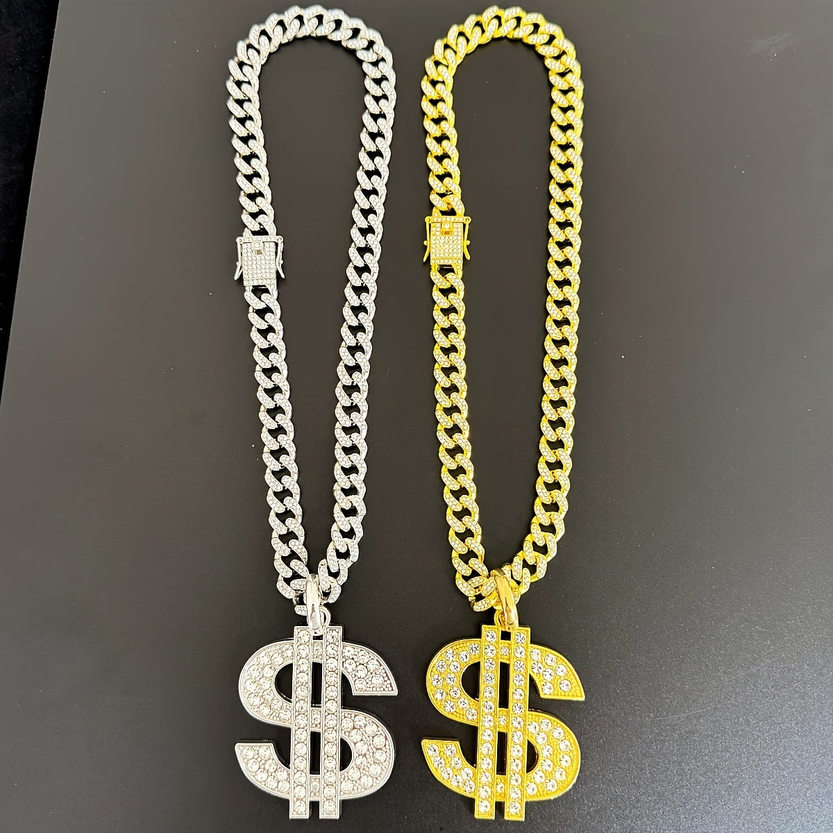 Large and Heavy US Dollar Symbol Pendant,  18K Gold Plated Alloy 18K Gold Plated-plated Cuban Chain Necklace with 12mm Full, Men's Hip-hop Style Ring Combination