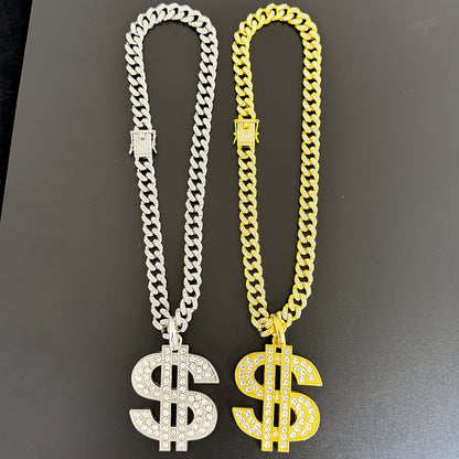 Large and Heavy US Dollar Symbol Pendant,  18K Gold Plated Alloy 18K Gold Plated-plated Cuban Chain Necklace with 12mm Full, Men's Hip-hop Style Ring Combination
