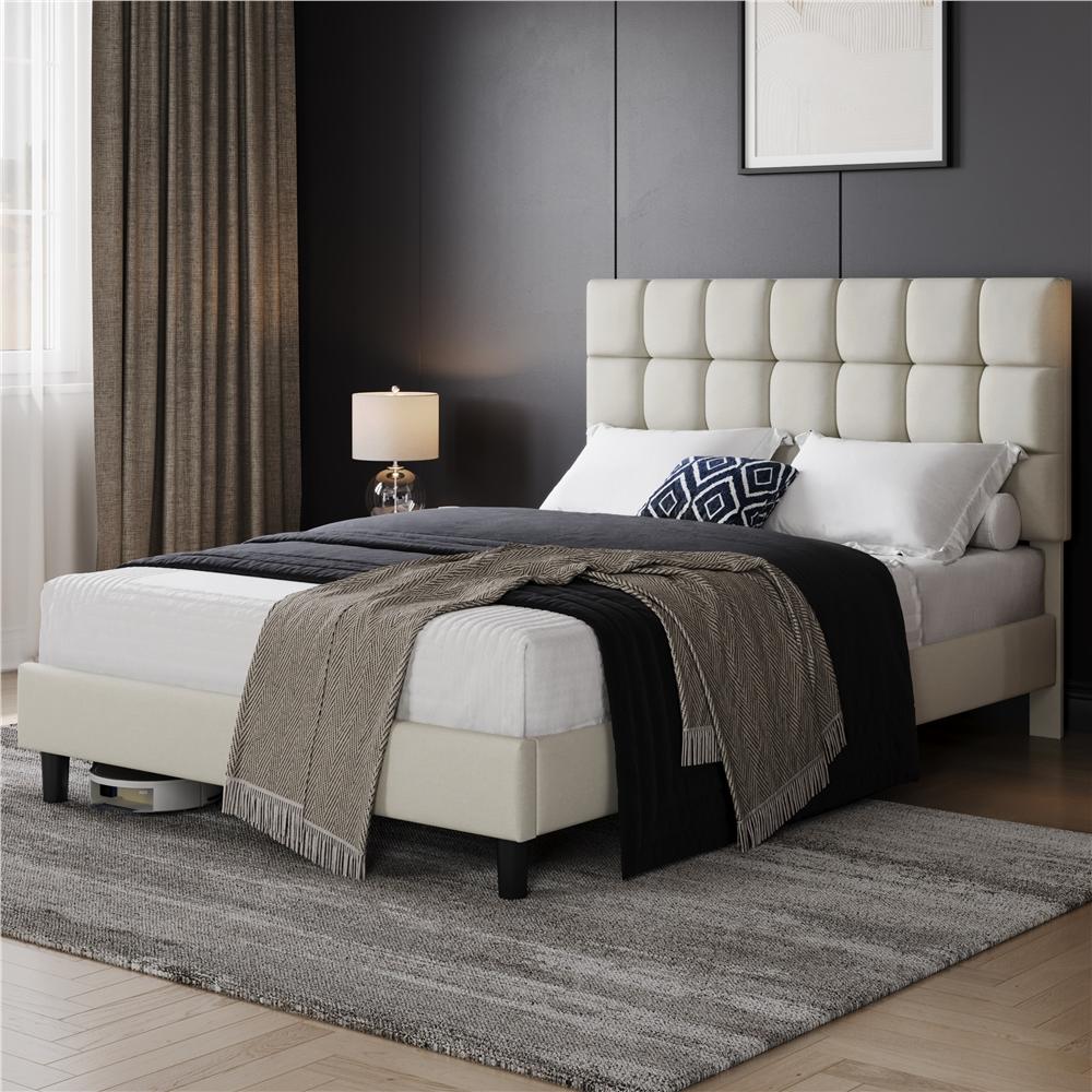 Bed Frame with Adjustable Height, Wood, Upholstered Fabric Tufted Headboard Height - Beige, King(150x200cm) option