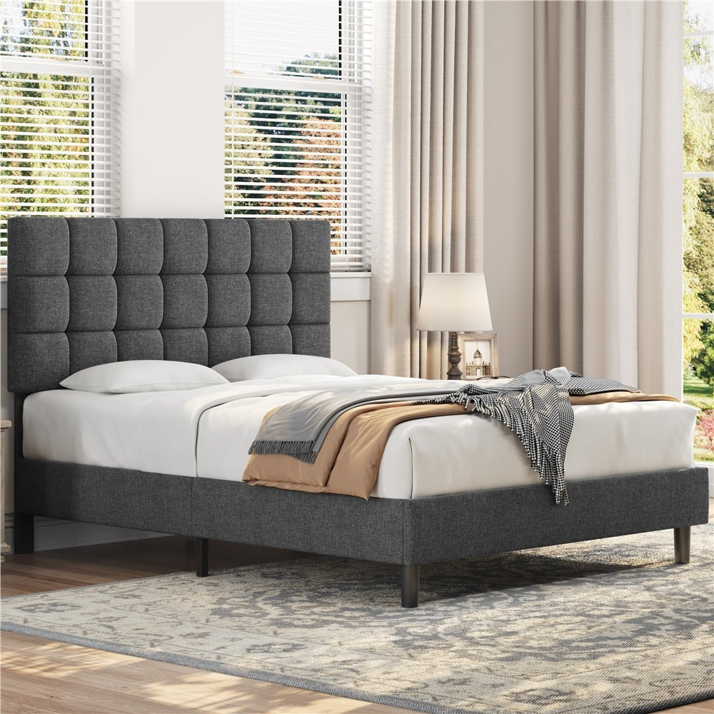 Bed Frame with Adjustable Height, Wood, Upholstered Fabric Tufted Headboard Height - Dark Grey, King(150x200cm) option