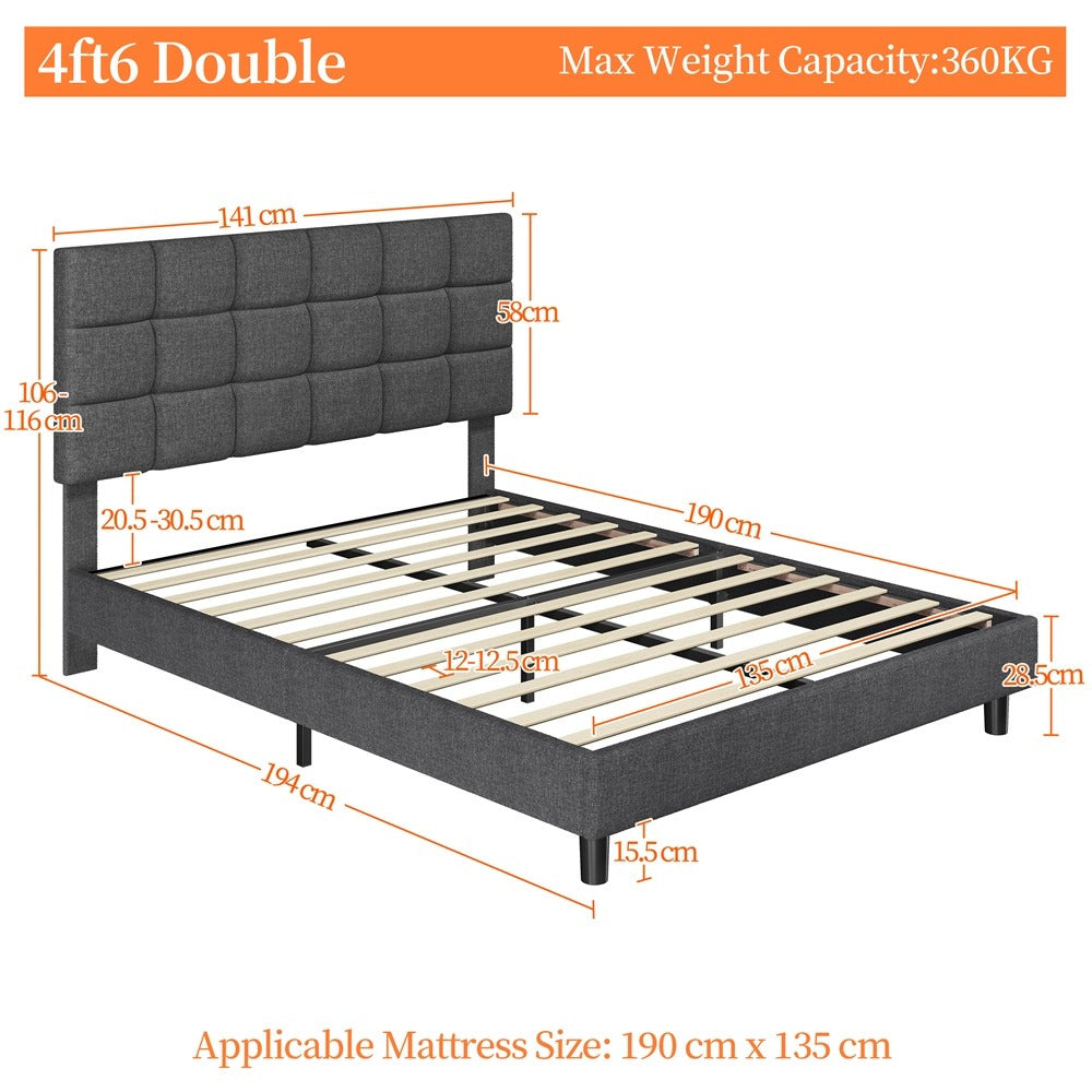 Bed Frame with Adjustable Height, Wood, Upholstered Fabric Tufted Headboard Height - product gallery image 6