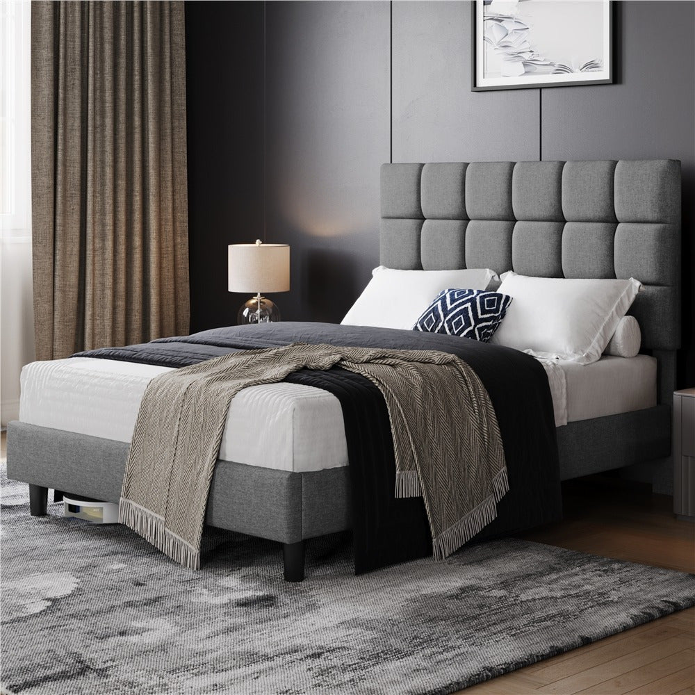 Bed Frame with Adjustable Height, Wood, Upholstered Fabric Tufted Headboard Height - Light Grey, Double(135x190cm) option