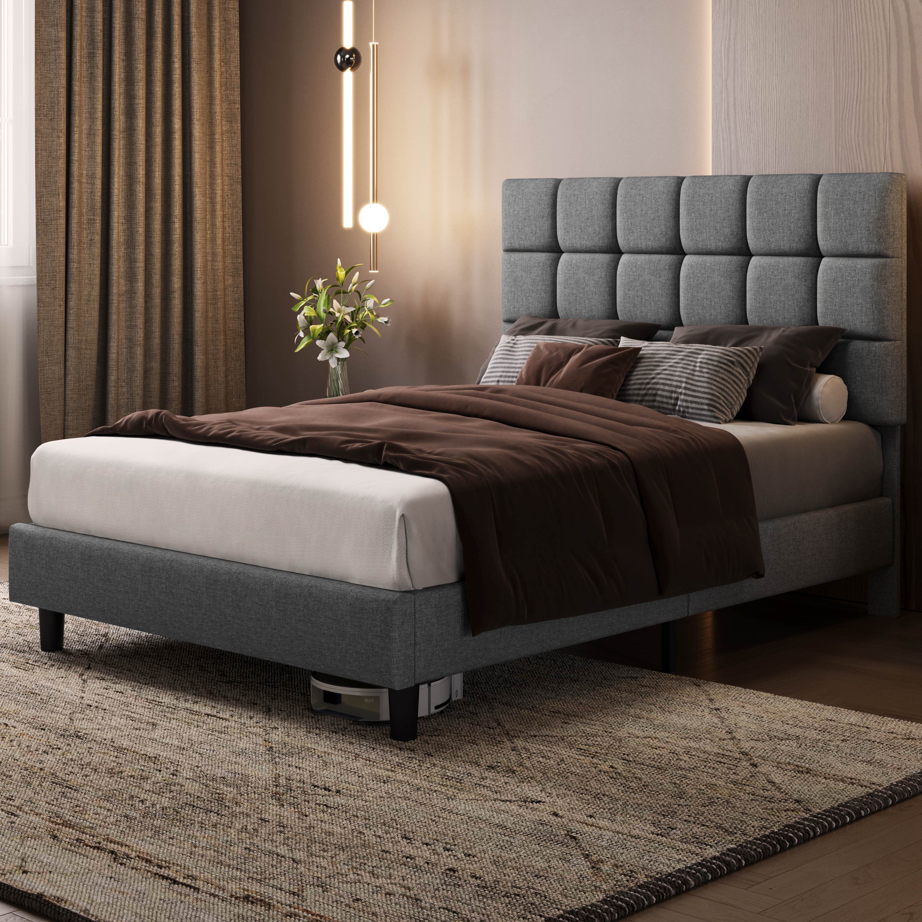 Bed Frame with Adjustable Height, Wood, Upholstered Fabric Tufted Headboard Height - Light Grey, King(150x200cm) option