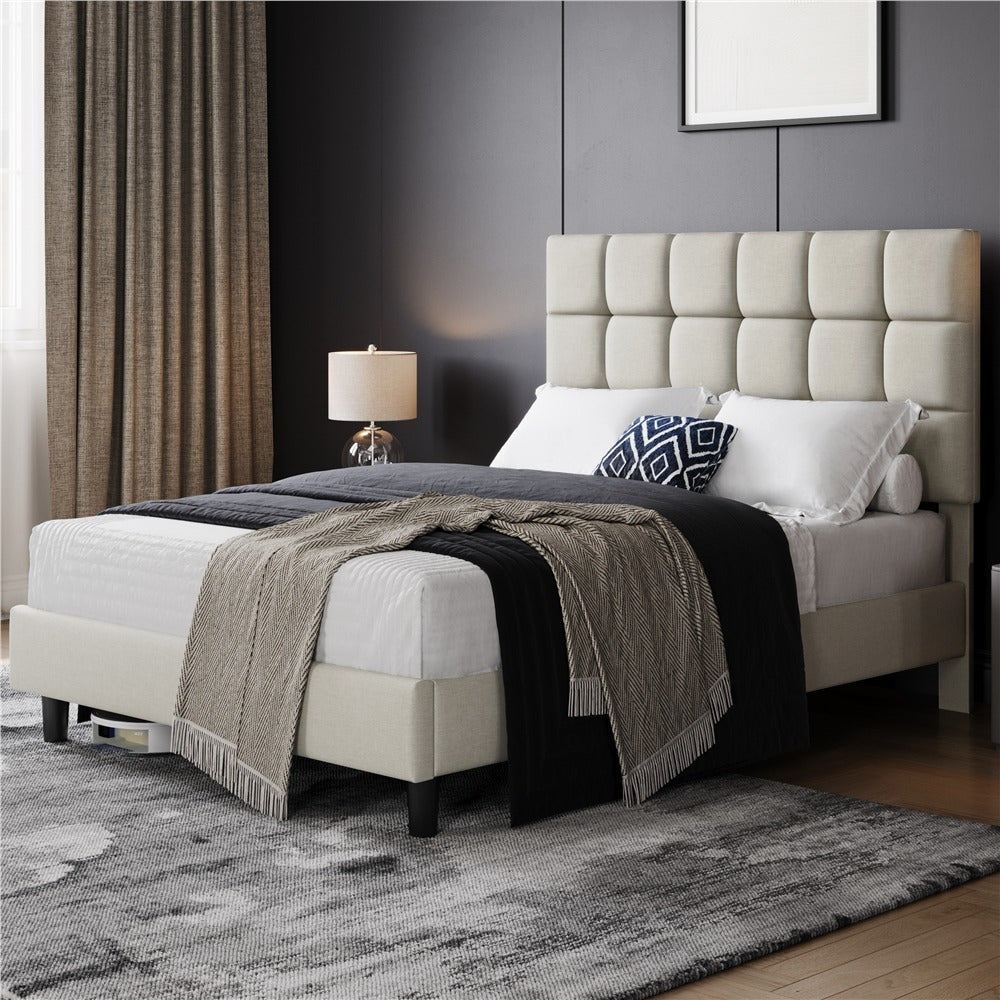 Bed Frame with Adjustable Height, Wood, Upholstered Fabric Tufted Headboard Height