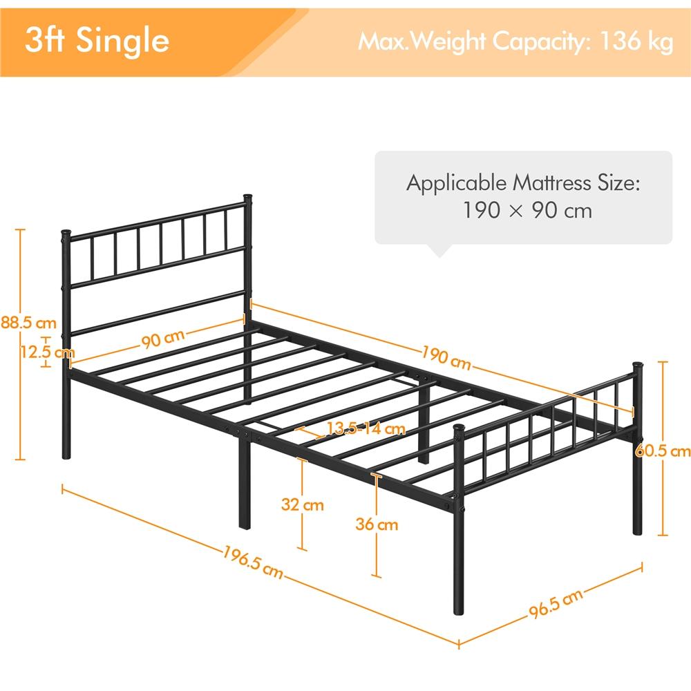 Bed Frame with Easy Assembly, 32cm, 204kg, Metal, Slatted Headboard Metal Single Double - product gallery image 9
