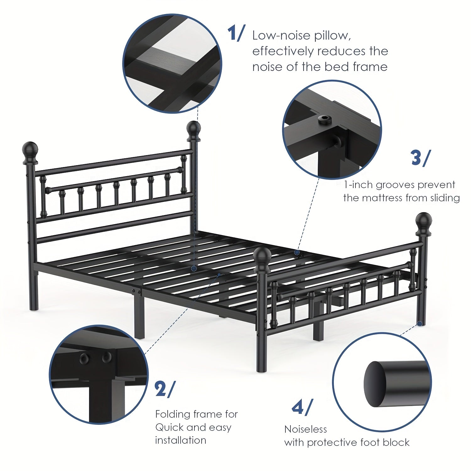 Bed Frame with Easy Assembly, 32cm, 272kg, Metal, Vintage Metal in Black Single, Double - product gallery image 4